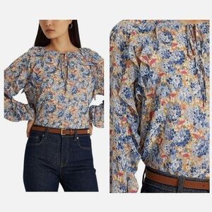 Lauren Ralph Lauren Floral Crinkle Georgette Tie Neck Blouse Ruffle Trim Size M